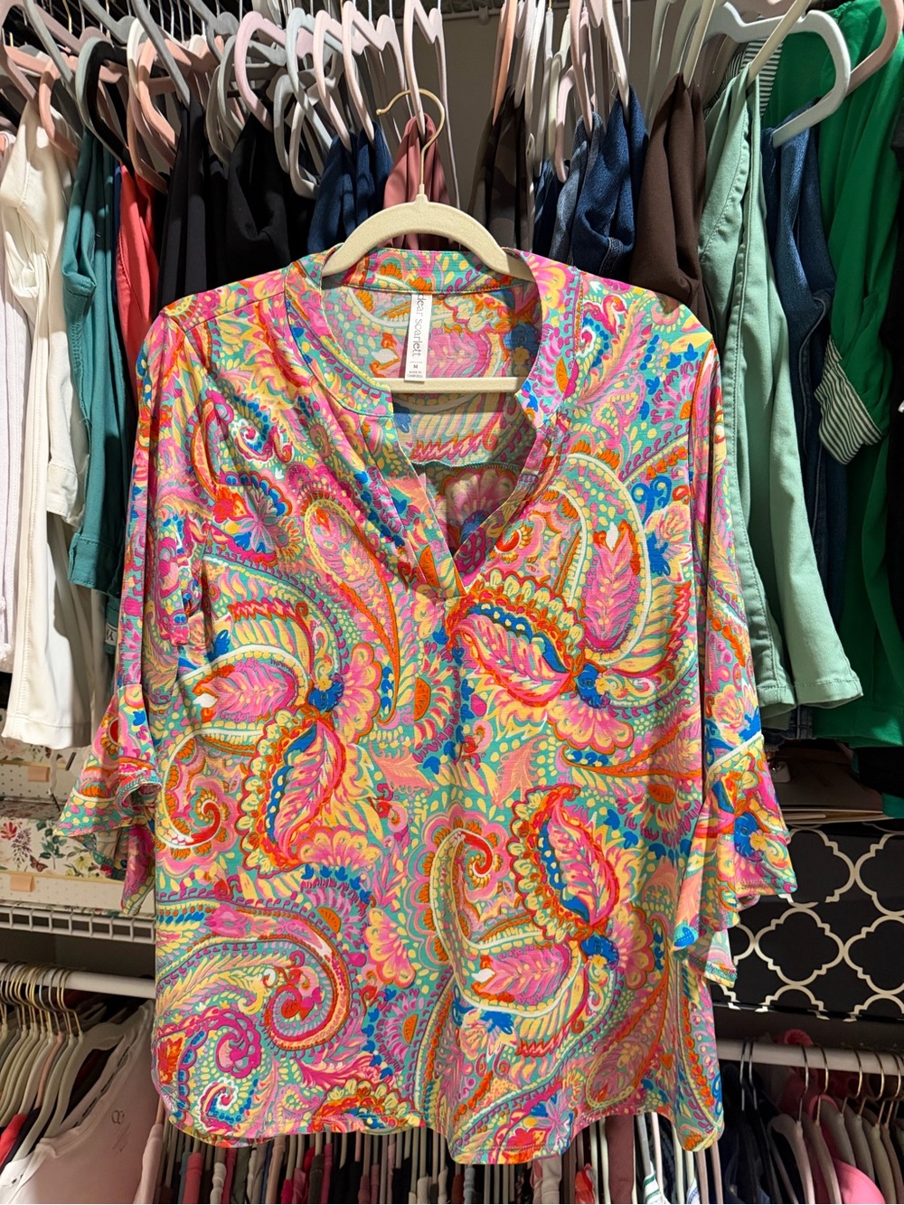 Vibrant Paisley V-Neck Blouse in Pink & Aqua